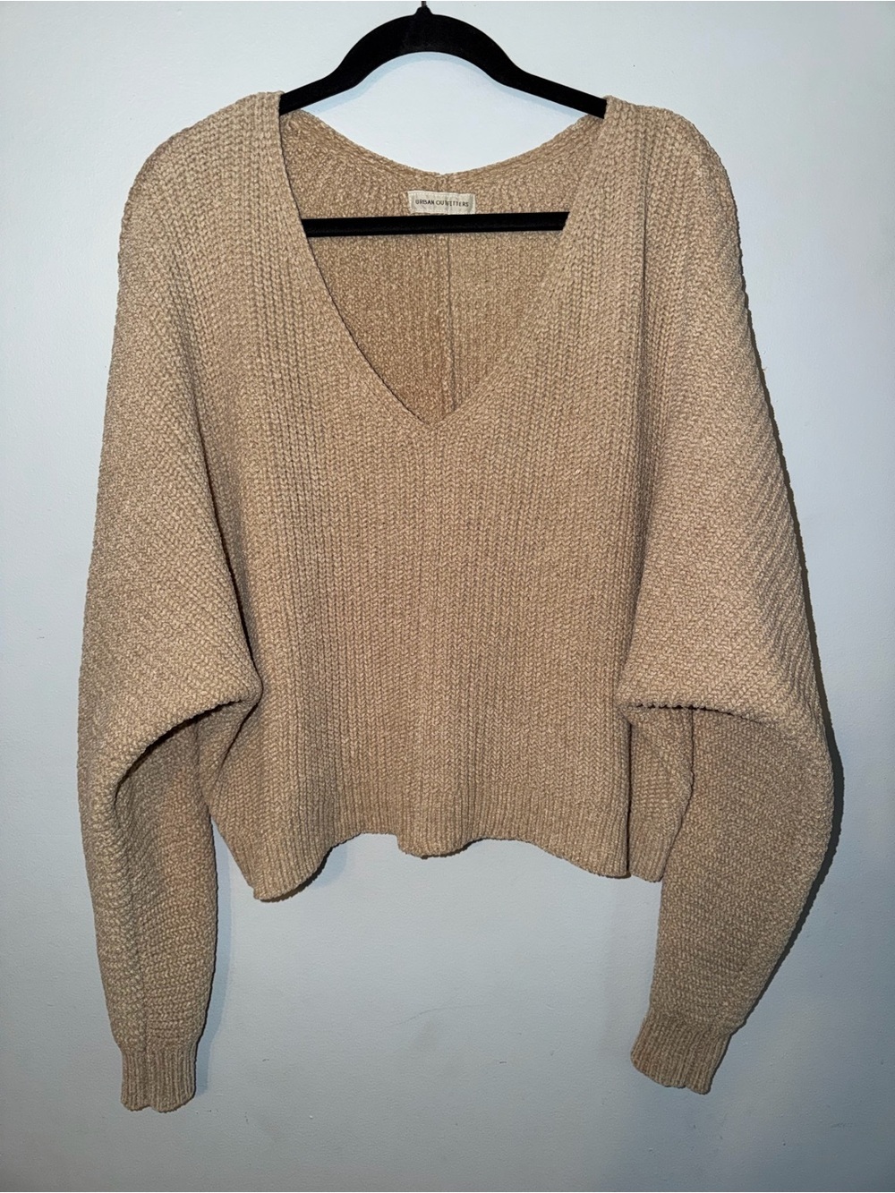 Urban Outfitters Tan V-Neck Balloon Sleeve Knit Sweater